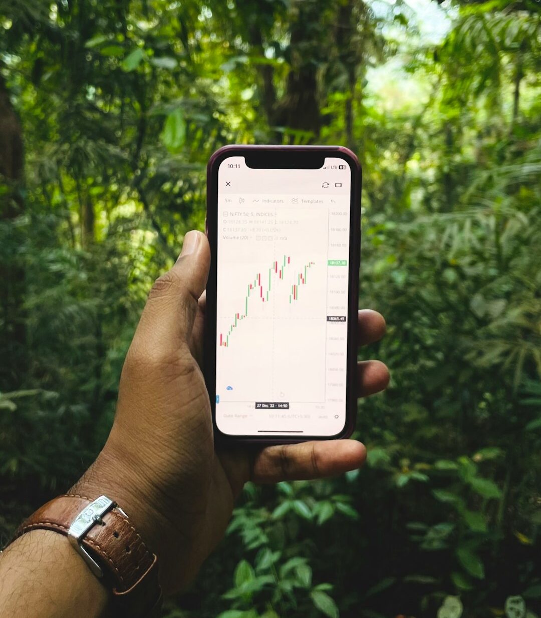 a hand holding a cell phone in front of a forest